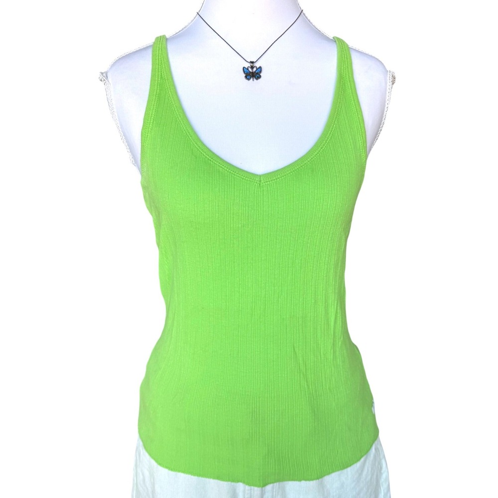Y2K Abercrombie & Fitch Ribbed Cami V-Neck Tank Top Lime Green 2000s Tank Large